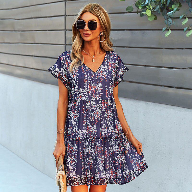 2021 Summer Floral Printed Holiday Wommen Dress V Neck Short Sleeve A Line Perfectly Flaunt A Kind Of Pure Sweet Style Dress