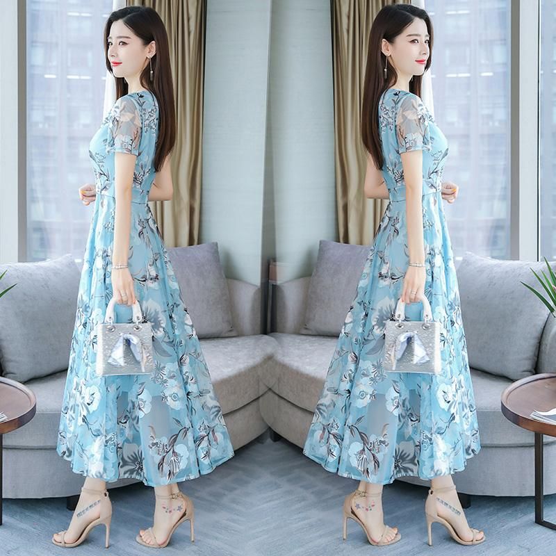 Women Long Dress Short Sleeve Flower Pattern Casual