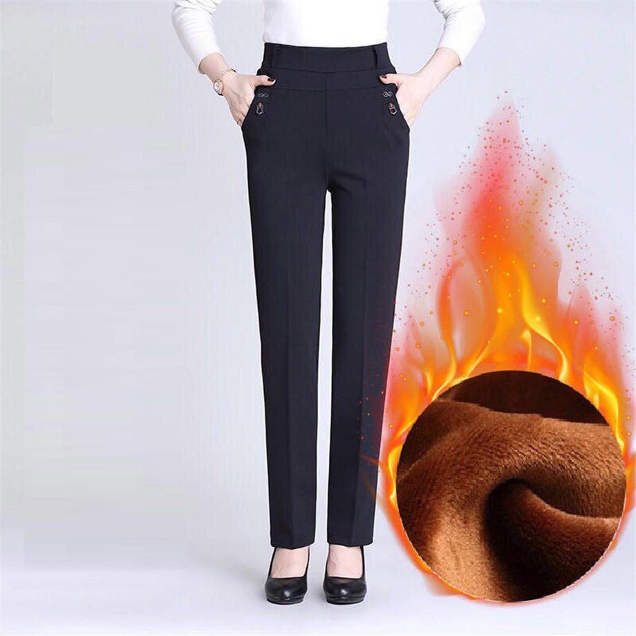 Plus Size Add Velet Mom Pants Solid Colors High Waist Casual Women Trousers Elastic Loose Straight Atumn Winter Pants