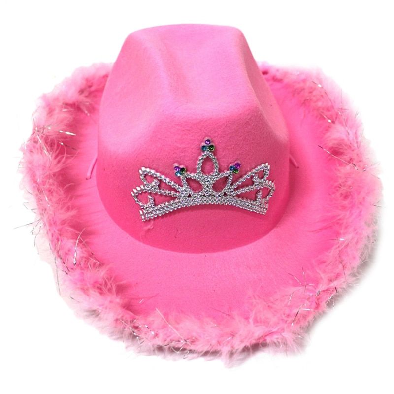 Pink Cowgirl Hats for Women Cow Girl Hats with Tiara Neck Draw String Felt Cowboy Costume Accessories Party Hat Play Dress Up
