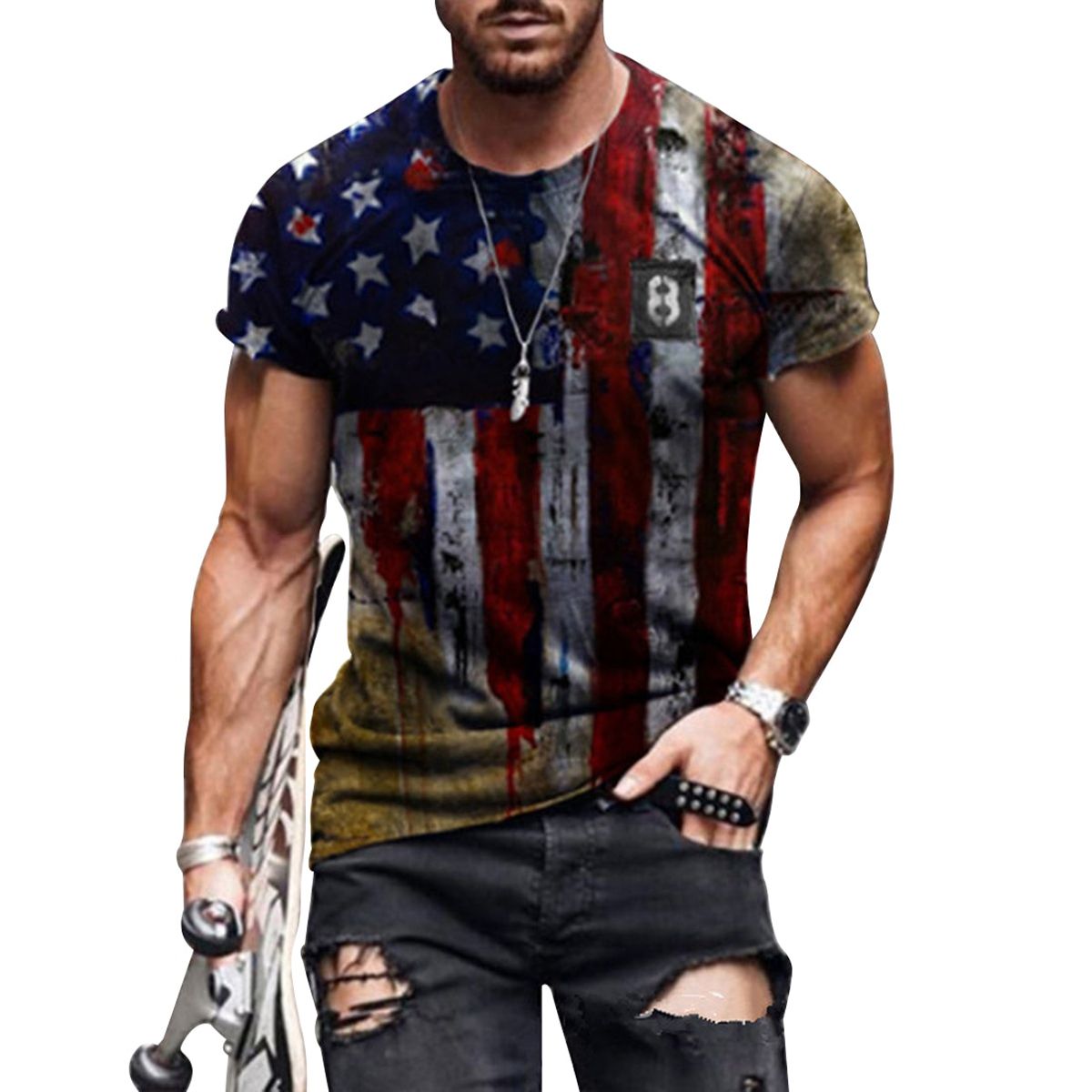 2021 Men's T-shirt American Flag Print T-shirt Summer Round Neck Cool Oversize Muscle Streetwear Clothing Tshirt Men