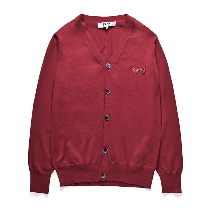 Ready Stock COMME Des Garcons CDG Play Pure Cotton Men Solid Knitted Cardigan Sweater Coat V-Neck Long Sleeve Knitwear Top Fashion Unisex Couples