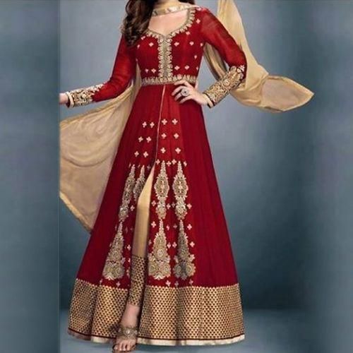 Maroon and Golden Semi-Stitched Georgette Gown For Women