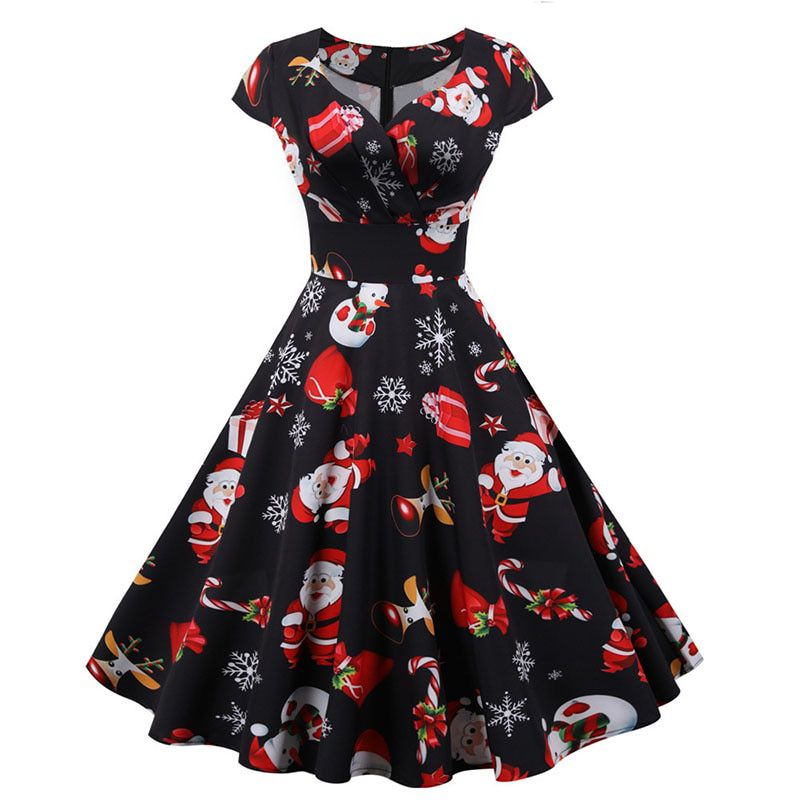 White Print Vintage ChristDress Women Winter Big Swing Elegant Short Sleeve V Neck  New Year Party Plus Size Sundress