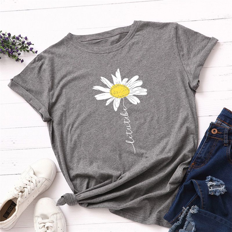 Summer S-5XL T Shirt Women Cute Daisy Print T-Shirt 100%Cotton Women Tshirt O Neck Short Sleeve Tee Oversized Tops Woman Tshirts