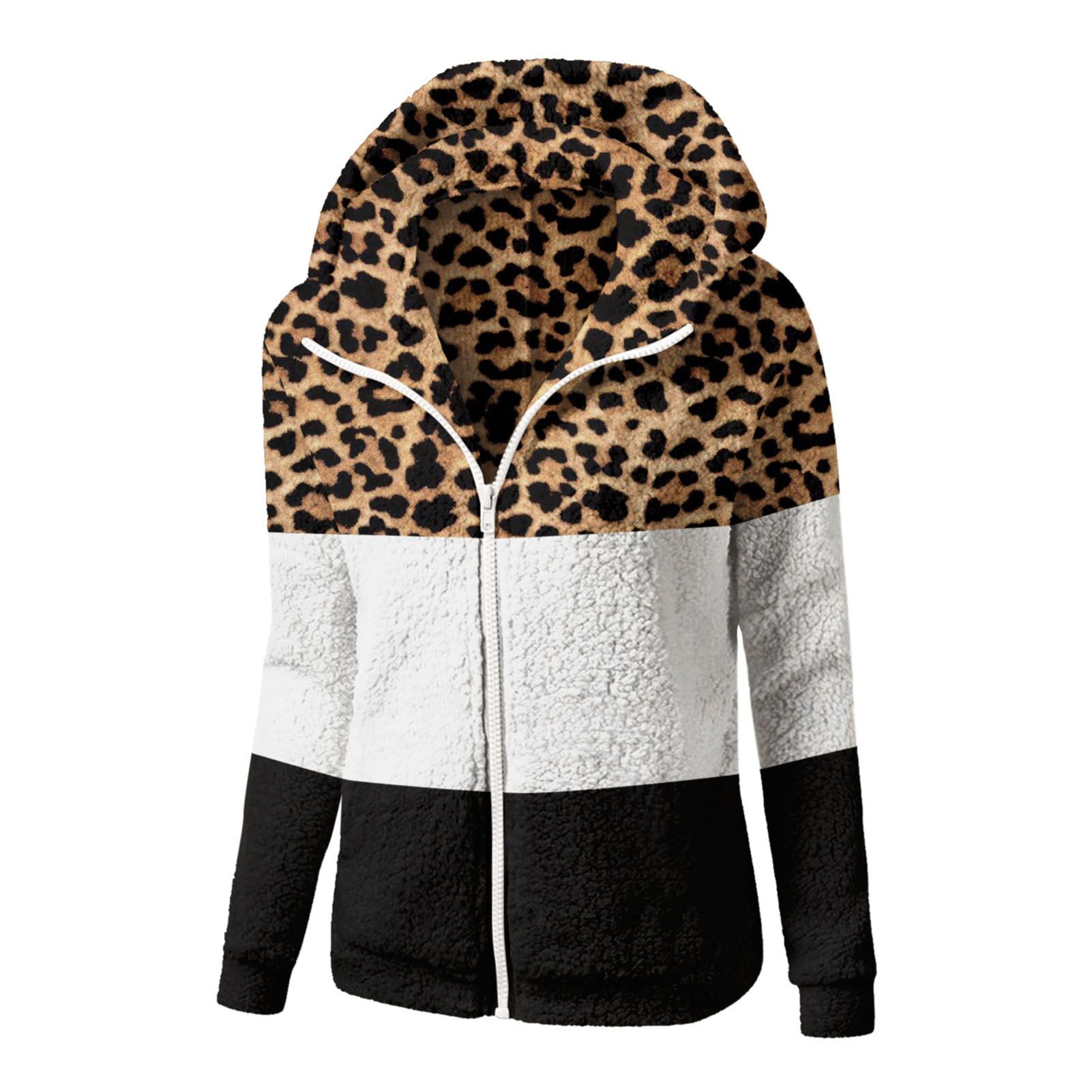 Women Sweatshirt Shrinkable Cuffs Leopard Patchwork Print Warm Fluffy Hoodie