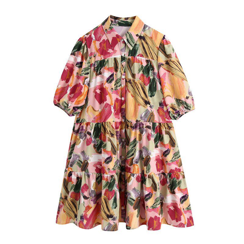 Aachoae Women Vintage Printed Mini Dress Summer Puff Short Sleeve Chic Dresses Turn Down Collar Loose Shirt Dress Vestidos