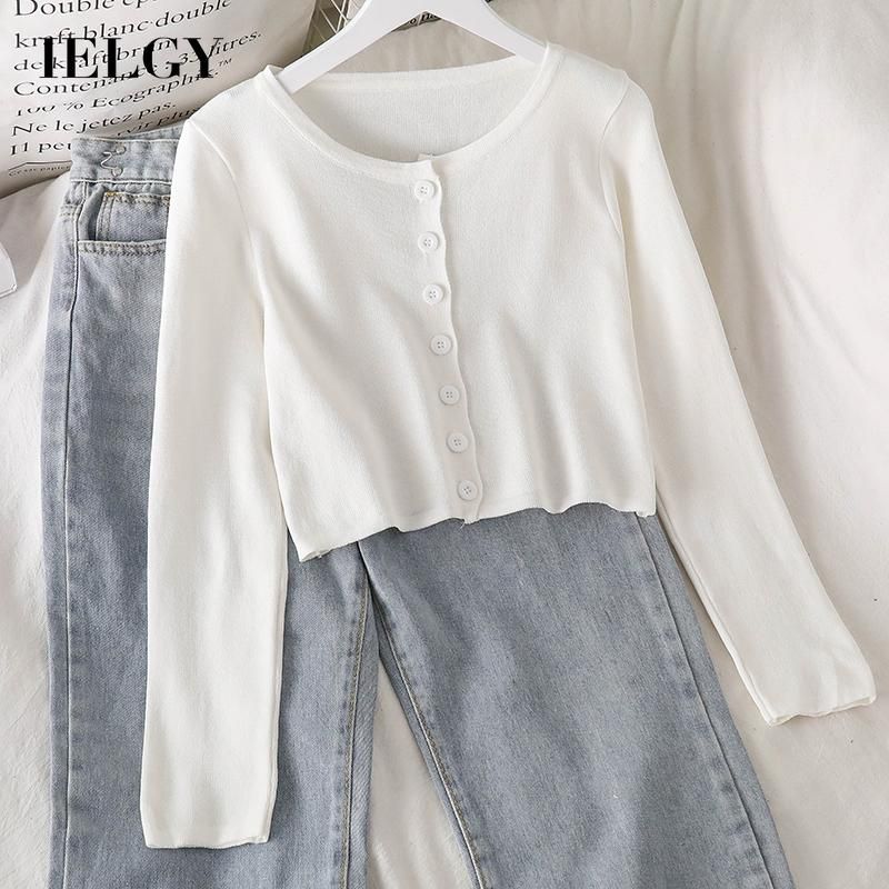 IELGY Women's clothes Top Knitwear Short Jacket Black Sim All-match Blue Cardigan