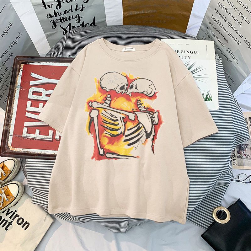 Goth Black Letter Skull Oversized T Shirt Women Flame T-shirt Summer Casual Loose Short Sleeve T Shirt Femme Plus Size Tops