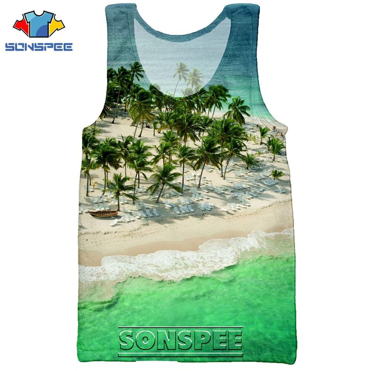 SONSPEE 3D Print Palm Summer Beach Sea Men's TaTops Casual Fitness Bodybuilding Gym Muscle Men Sleeveless Vest Shirt
