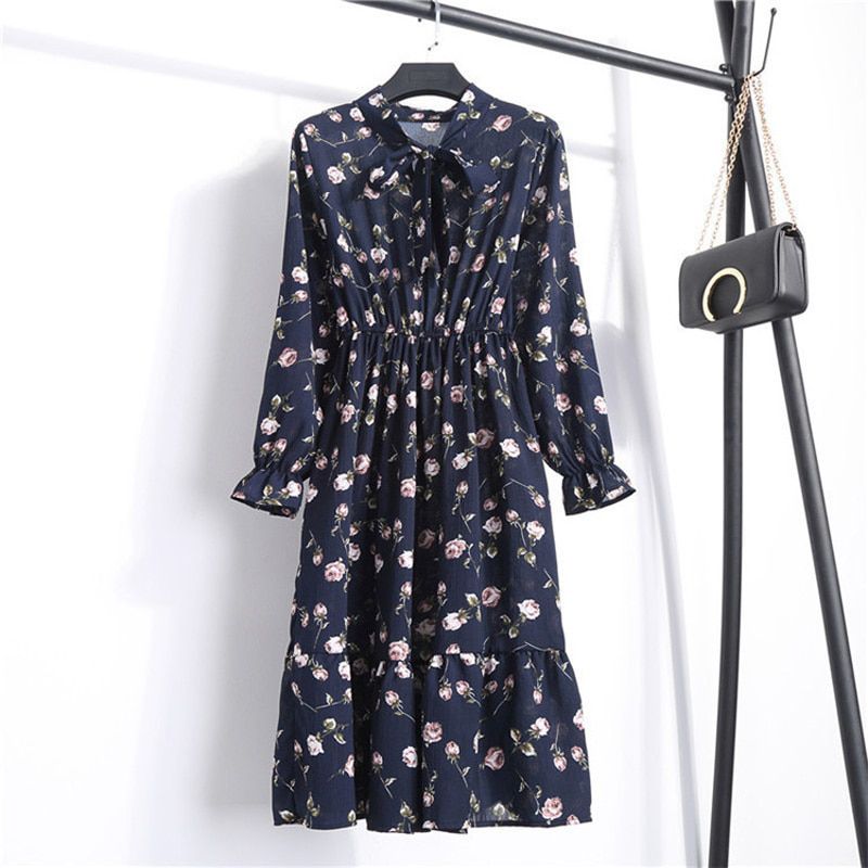 Women Casual Autumn Dress Korean Style Vintage Floral Printed Chiffon Shirt Dress Long Sleeve Bow Midi Summer Dress Vestido