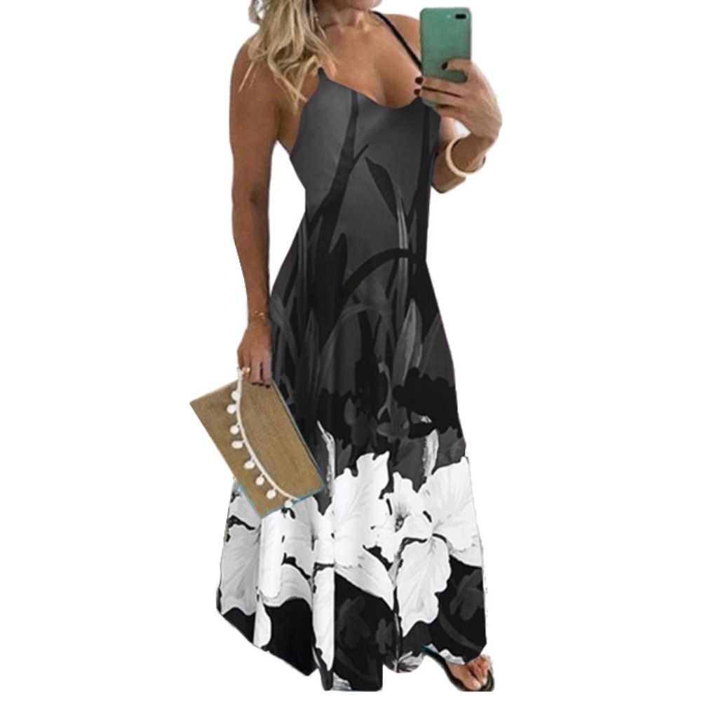 Women V Neck Spaghetti Straps Large Hem Long Sling Dress