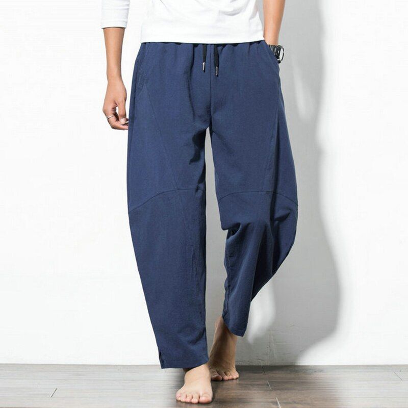 Summer Men Solid Color Cotton Linen Loose Casual Pants Large Size Oversize Drawstring Wide Leg Pants Harem Trousers Hot