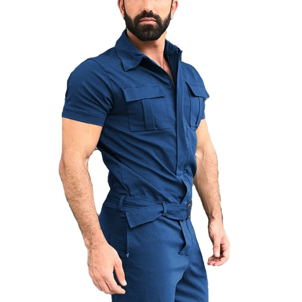 Men Short Sleeve Casual Basic Work Coverall Pure Color Cargo Overalls Street Wear Jumpsuit