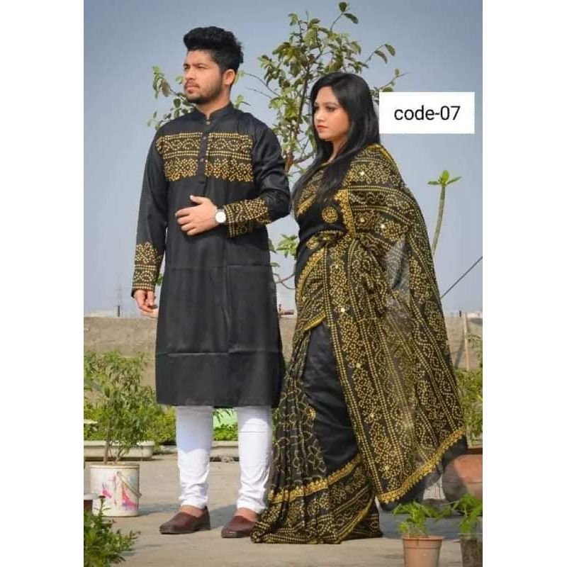 Exclusive Designer Less work Block Print Half Silk Saree & Dhupian Silk Panjabi Combo For Couple