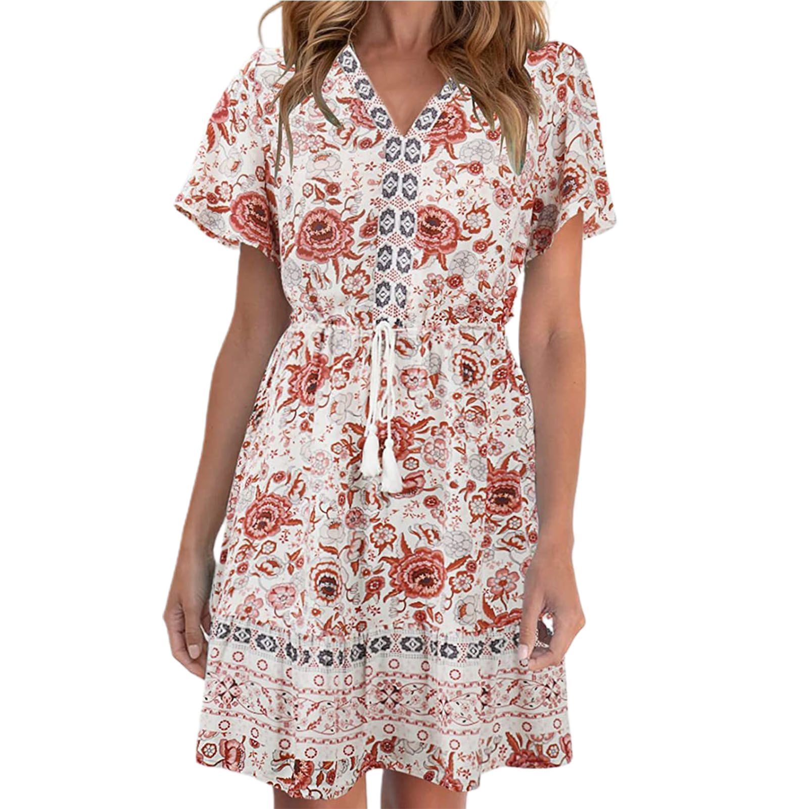 ni Dress V-neck Bohemian Floral Print Short Sleeve Women Dress