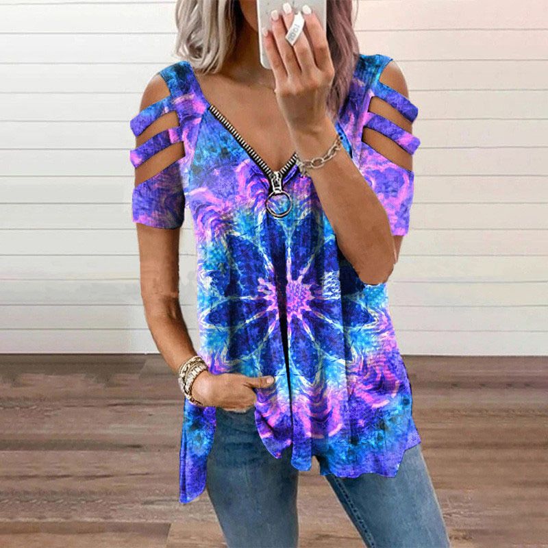 V Neck Zipper Short Sleeve Top Summer  Women Printed Hollow Out T Shirt Fashion Loose Off Shoulder Casual Plus Size Shirts