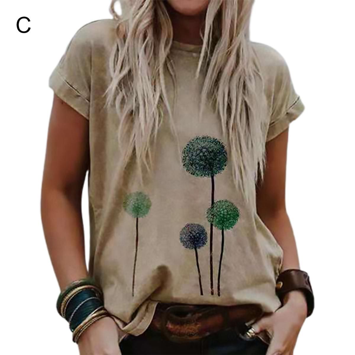 Women Blouse Chrysanthemum Crew Neck Loose-fitting Blouse