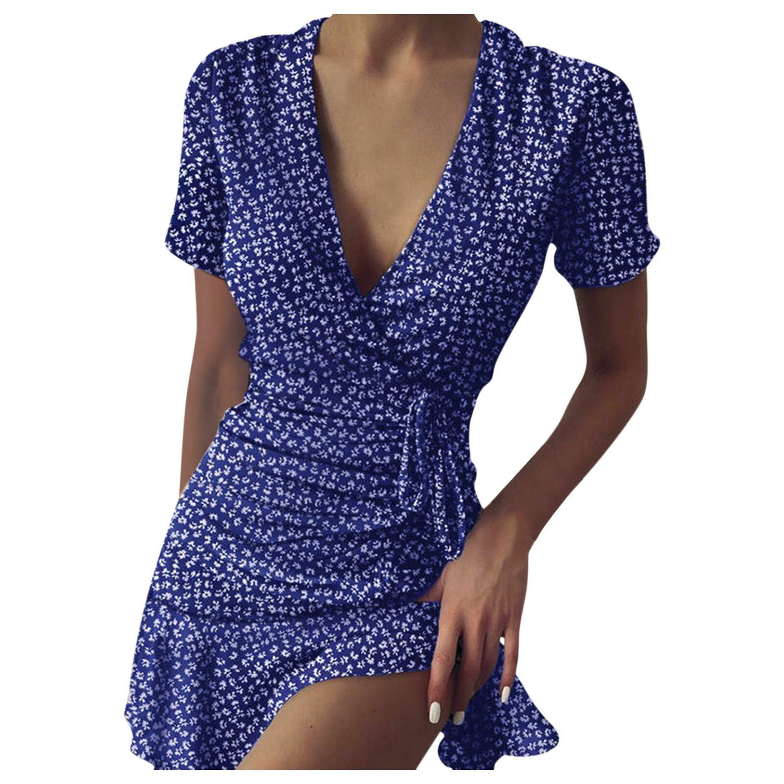 Chiffon Ruffle Dress Women Summer Bandage Dresses Short Sleeve Floral Printed V-Neck Dress Casual Beach Mini Dresses Sukienka
