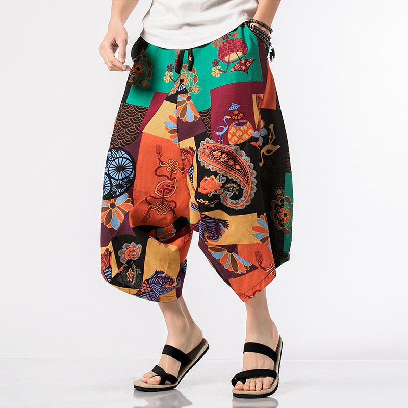 Men Harajuku Harem Pants Mens Summer Cotton Joggers Pants Male Vintage Chinese Style Calf-Length Sweatpants