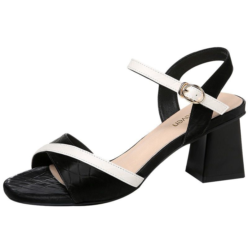 Peep Toe Square Heel High Heels Sandals Women NEW Summer Shoes Woman Shallow Gingham Buckle Strap Chain Female Shoes