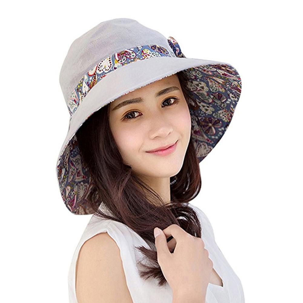 【ALLGOOD】Women Summer Beach Travel Bow  Sun Hat Reversible Foldable Cap