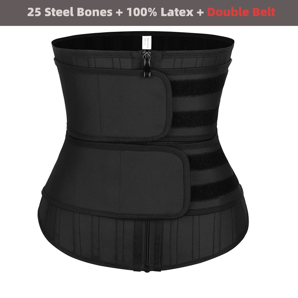 100% Latex Body Shaper Belly Slimming Double Belt 25 steel bones Compression Zipper Waist Cincher Corset Waist Trainer
