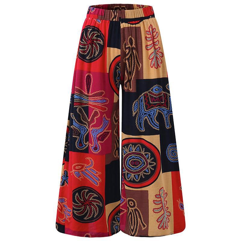 Women Oversize Casual Printed Palazzo Baggy Pants Culottes Wide Leg Trousers