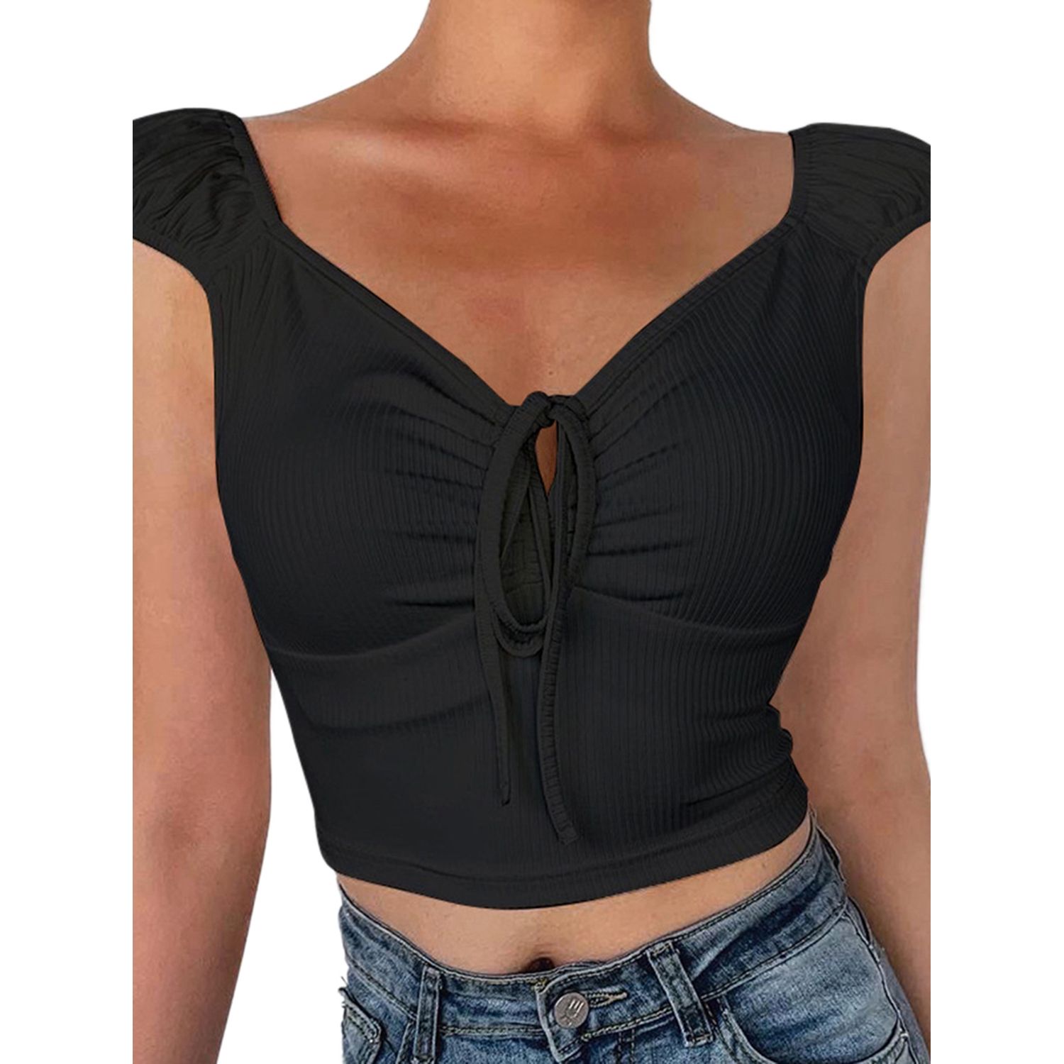 Women's Short Sleeve T-shirt Summer Fashion  Lace-Up Pleated Knitted Crop Top Solid Color