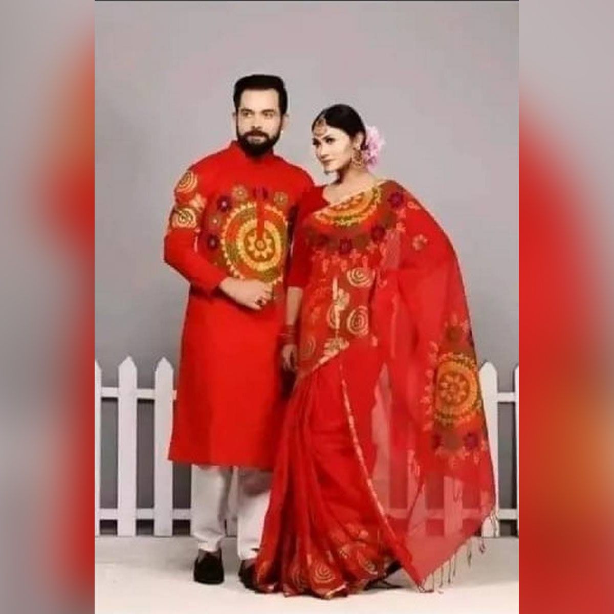 Exclusive Designer  Half Silk Shuli Ful Saree and Dhupian Silk Panjabi Combo For Couple
