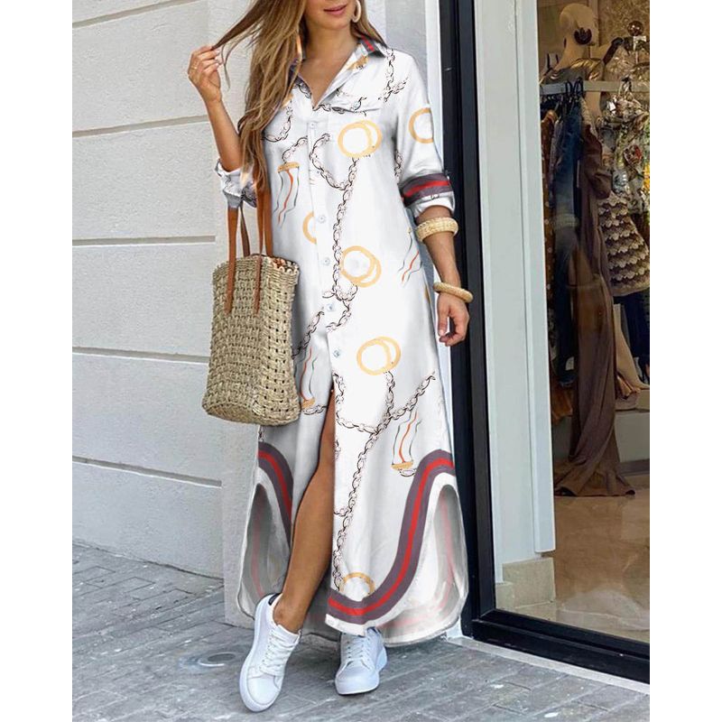 Women Fashionable Shirt-style on Dress Ladies Casual Long Street Dress Large Size Loose Home Commuter Print Dress