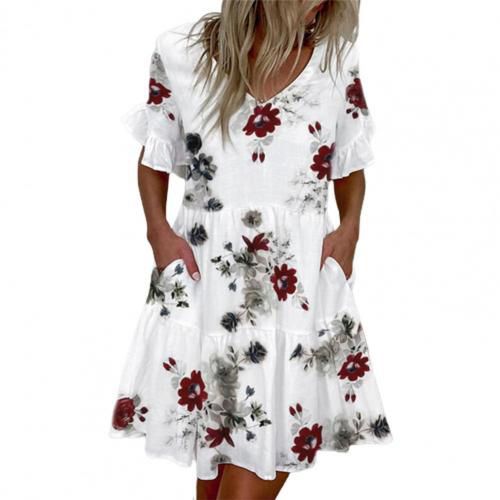 Summer Women Dresses Color Block Short Ruffle Sleeve V Neck Pockets Print Floral Mini Dress Elegant Casual Party Beach Sundress