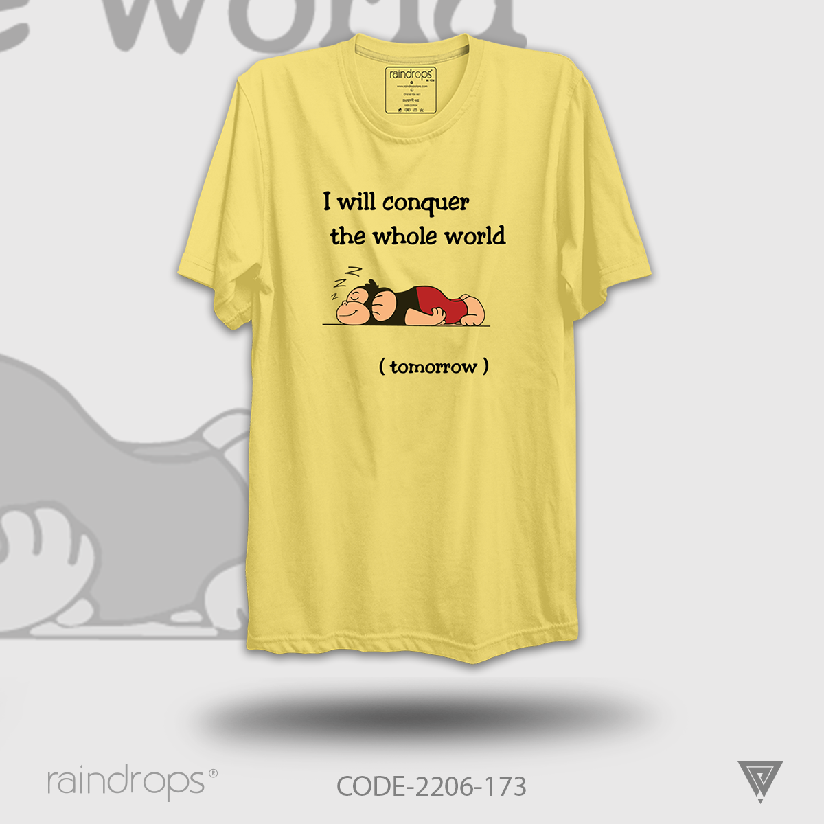 Raindrops Premium T-shirt 'I will conquer the whole world' Designed Half Sleeve Maze Yellow T-shirts For Men