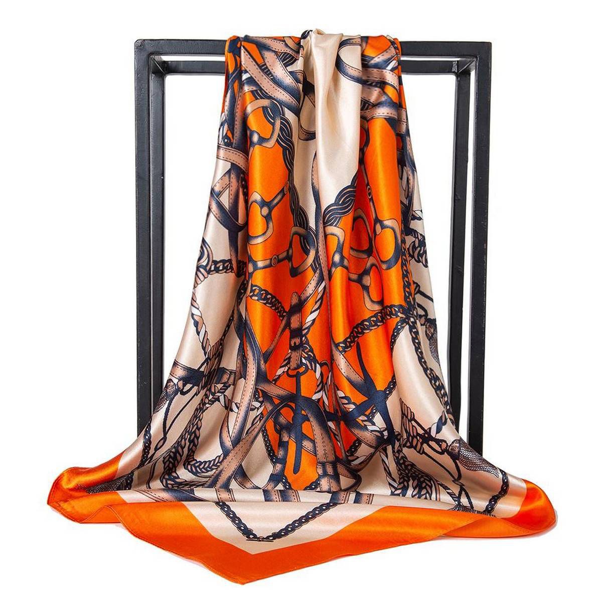 【ALLGOOD】Scarf European American Big Chain Satin Silk Pattern Printed Square Headscarf Hair Band  Business Gift Office Lady Beach  Girl Turban Shawl