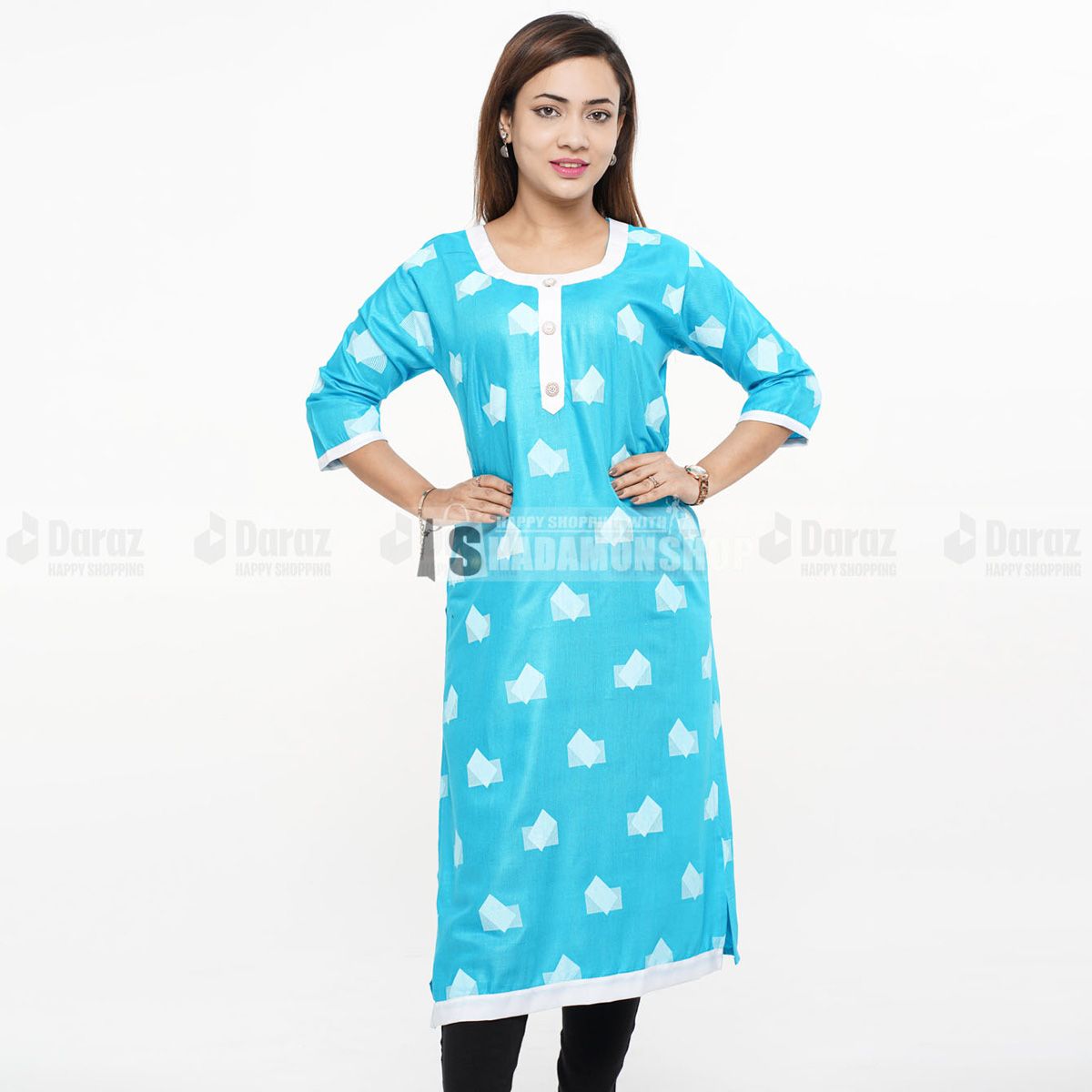 Readymade Round Stylish Fashionable Hot Kurti For Girls Long Pure Soft Linen (1 Pcs) ShadaMon Shop