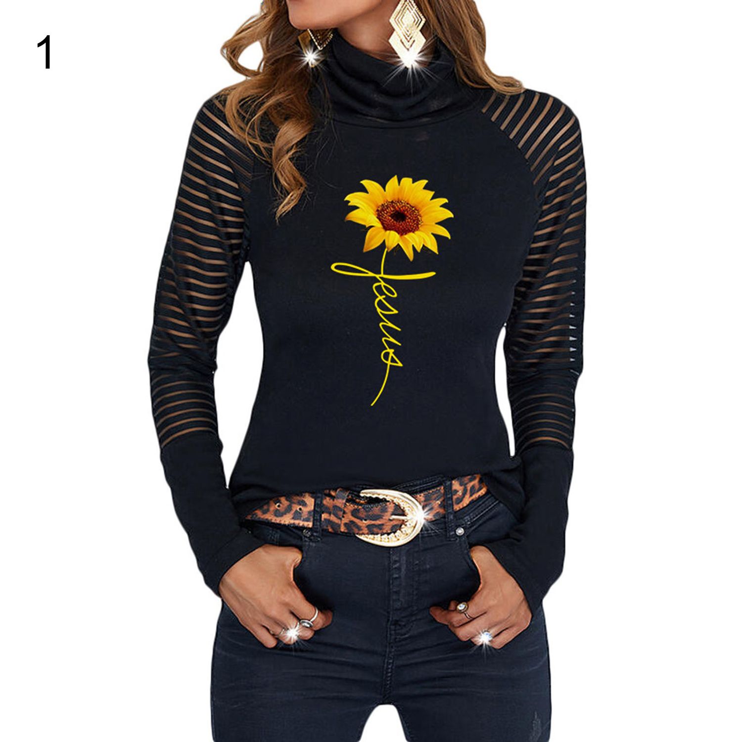 Casual Blouse Half High Collar Colorful Flower Pattern Bottoming Blouse