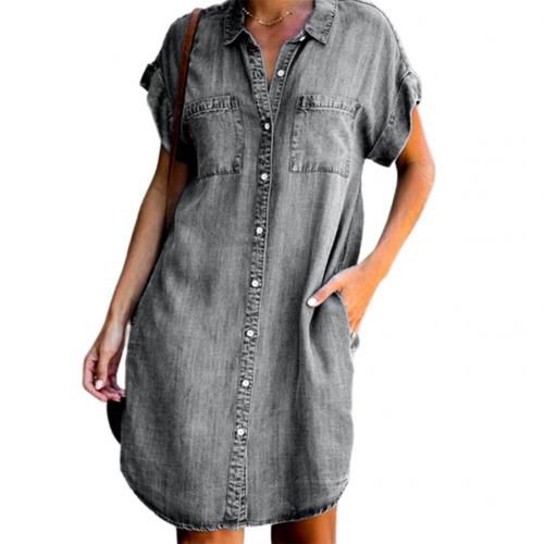 Women's Denim Dress Short Sleeve Single-ed Irregular Hem Knee-length Loose Casual Party Dresses Pockets on Plus size