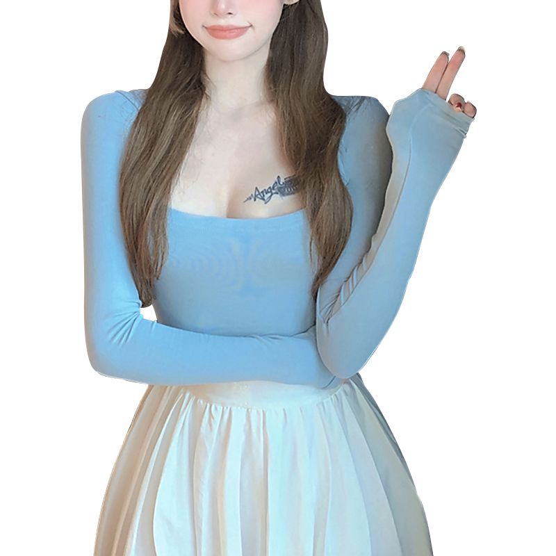 Women’s Fashion Solid Color T-shirt Casual Long Sleeve Square Collar Slim Fit Pullover Tops