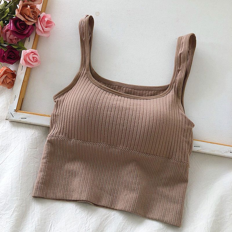 Bra Tops Summer V Neck Rib Crop Tank Top With Detachable Bra Pads Sleevelss Solid Color Backless Sporty Bra Top