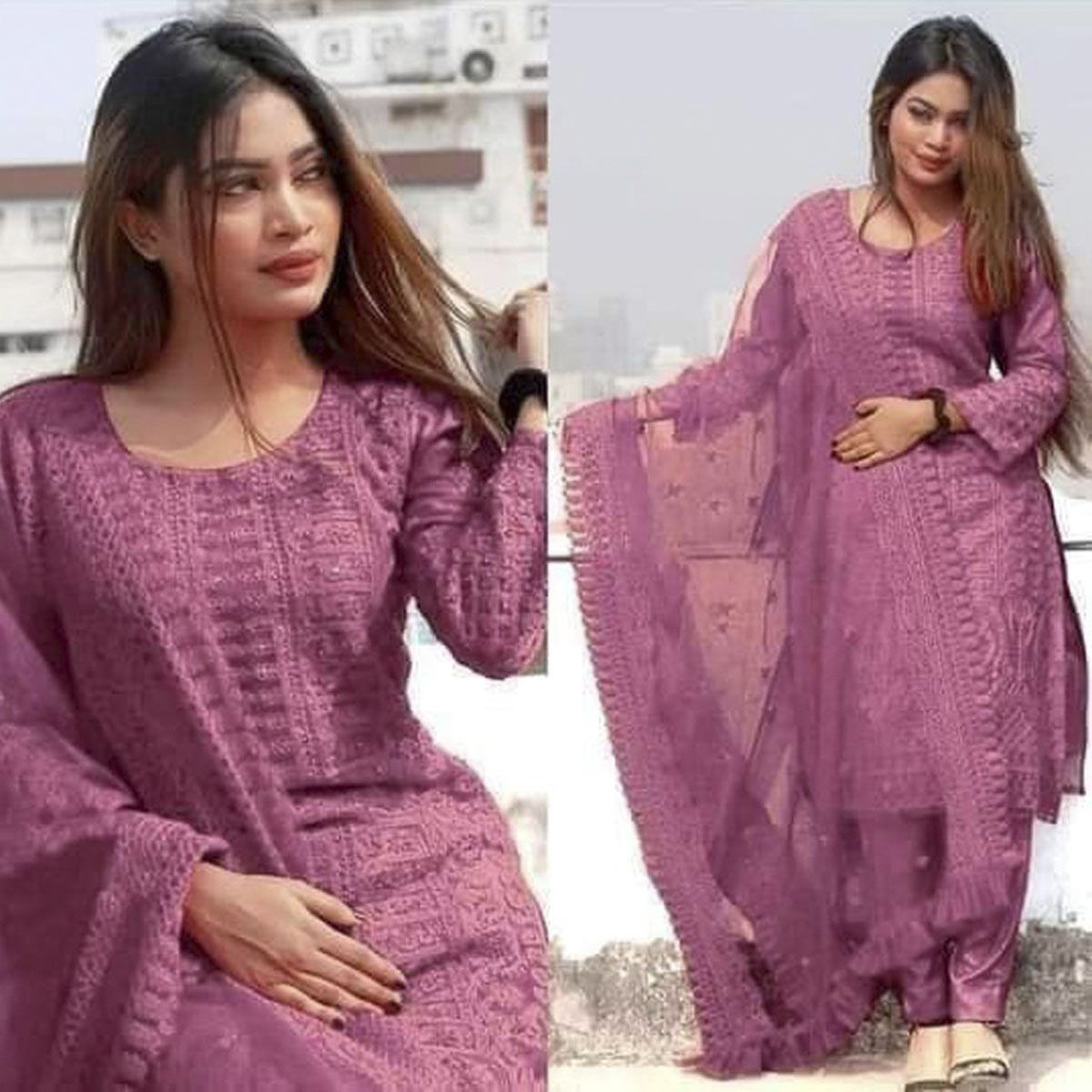 Fashion canvas Featuring New Indian Four Piece  Party Dress  Ari Kajer Embroidery  Indian four Piece  Onion Color Dress  Alita Mart