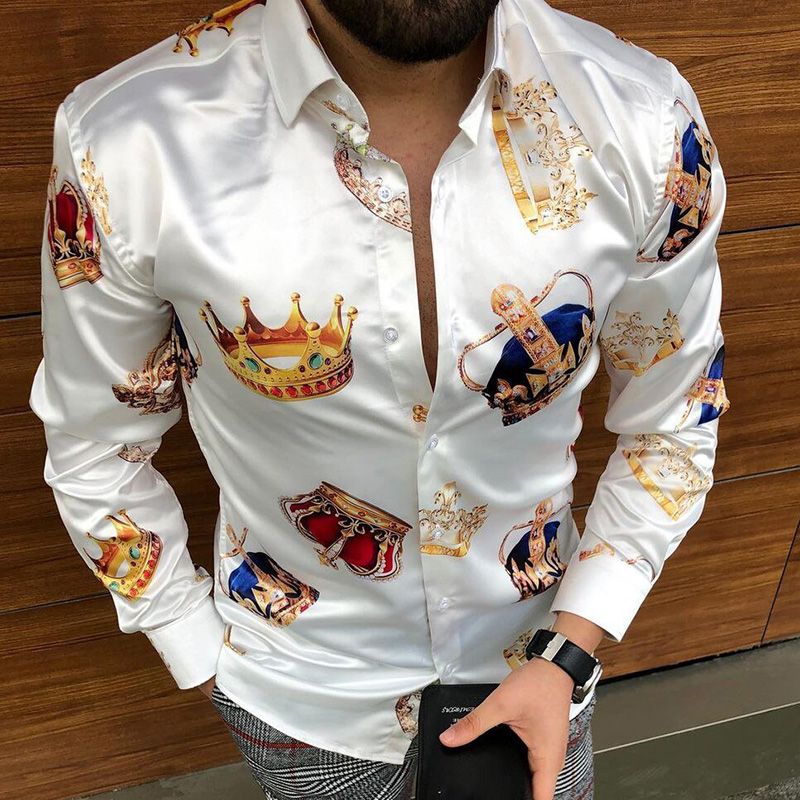 Men's Single-ed LONG-Sleeve Clothing Printe Shirt Floral Print Men's brand Casual Cardigan Shirt Lapel Punk Style Shirt