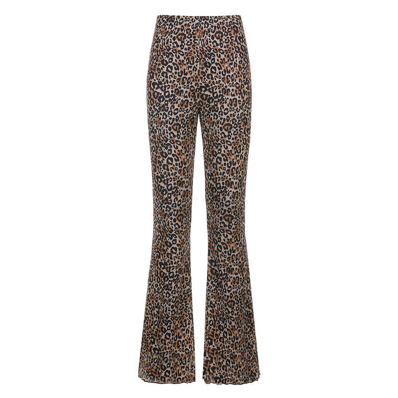Sweetown Brown Leopard Joggers Women High Waist Flare Pants Double Layer Mesh E Girl Aesthetic Trousers Female Sweatpants