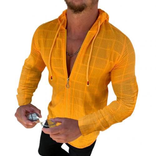 Men Autumn Winter Long Sleeve Hoodie Zip Drawstring Check Gird Slim Coat Jacket Hooded Jacket Outdoor Coat Cardigan Top Jacket