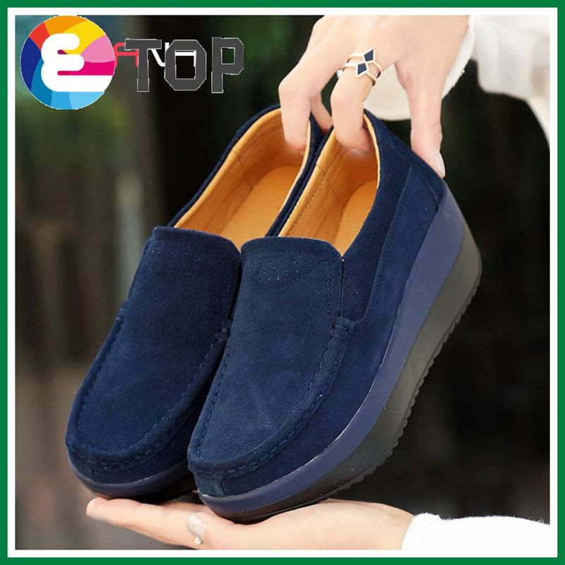 Wedge Shoes For Women Plus Size 42 Leather Soft Sole Platform Loafers Ladies Slip On Casual Shoes Korean Style Black Thick Bottom Women Shoes Sale