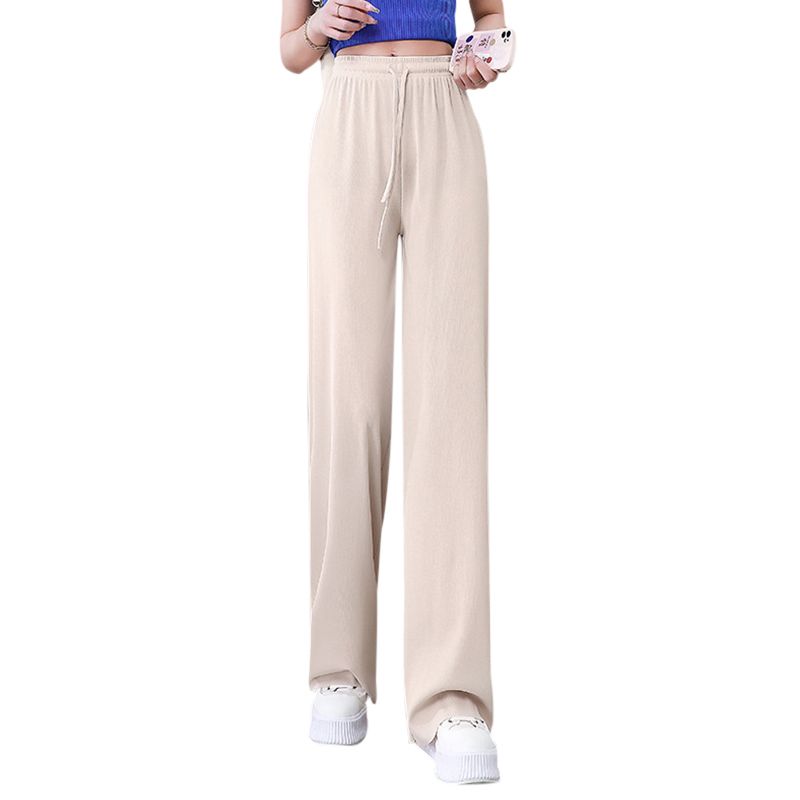 Women's High Waist Straight Trousers, Solid Color Drawstring Loose Fit Wide-Leg Pants, Female Casual Long Pants