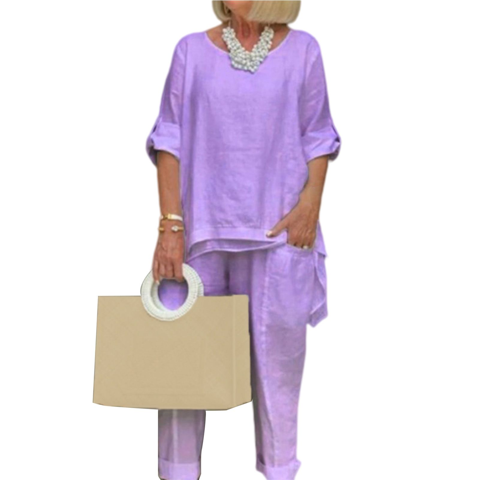 Women Blouse Pants Solid Color Pure Color Loose-fitting T-shirt Pants