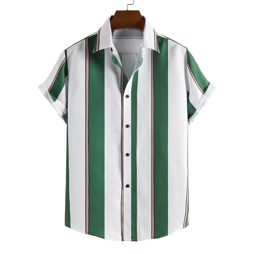 Yfashion Men  Shirt Summer Casual Fashion Striped Short-sleeved Lapel Loose Large Size Cardigan Shirt color