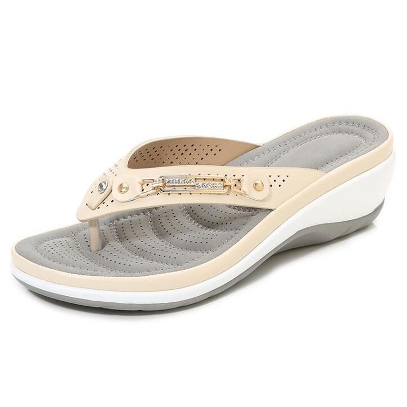Summer Women Slippers Metal Button Slides Shoes Wedge Beach Sandals Women Outside Platform Leisure Flip Flop