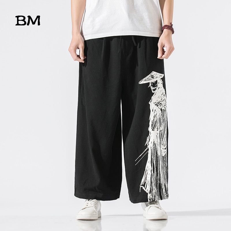 Chinese Style Oversized Pants Printed Linen Wide Leg Pants Streetwear Casual Pants Tai Chi Kung Fu Pants Men Straight Leg Pants
