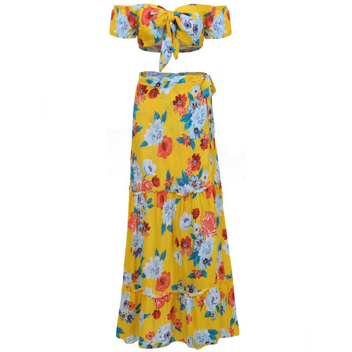 2021 Women’s Short Sleeve Top Skirt Suit Fashion Flower Pattern Off-shoulder Tube Top and High-waist Sp